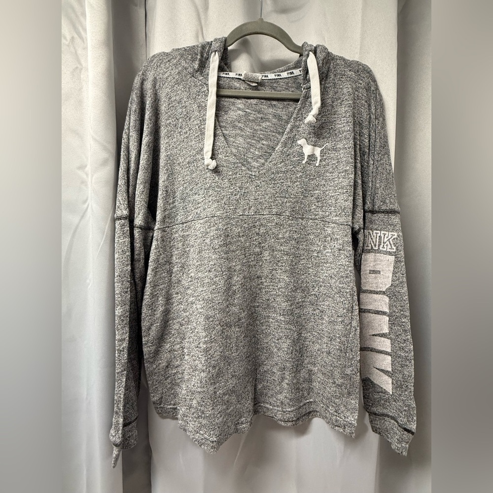 Victorias Secret PINK Pullover Gray V Neck Hoodie Womens Small